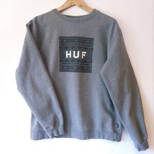 HUF Men M Sweatshirt Crewneck Gray Logo Aztec Tribal Unisex Casual Street Skater